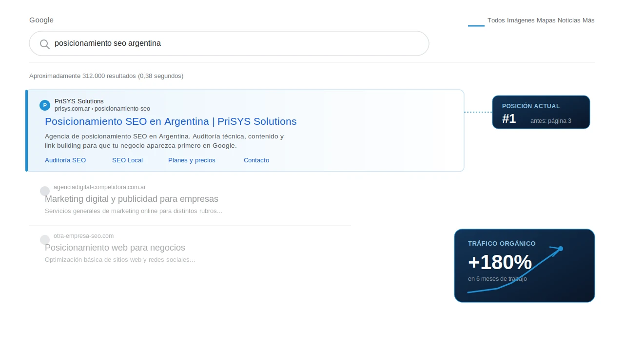 Resultados de posicionamiento SEO en Google de un proyecto desarrollado por PriSYS Solutions