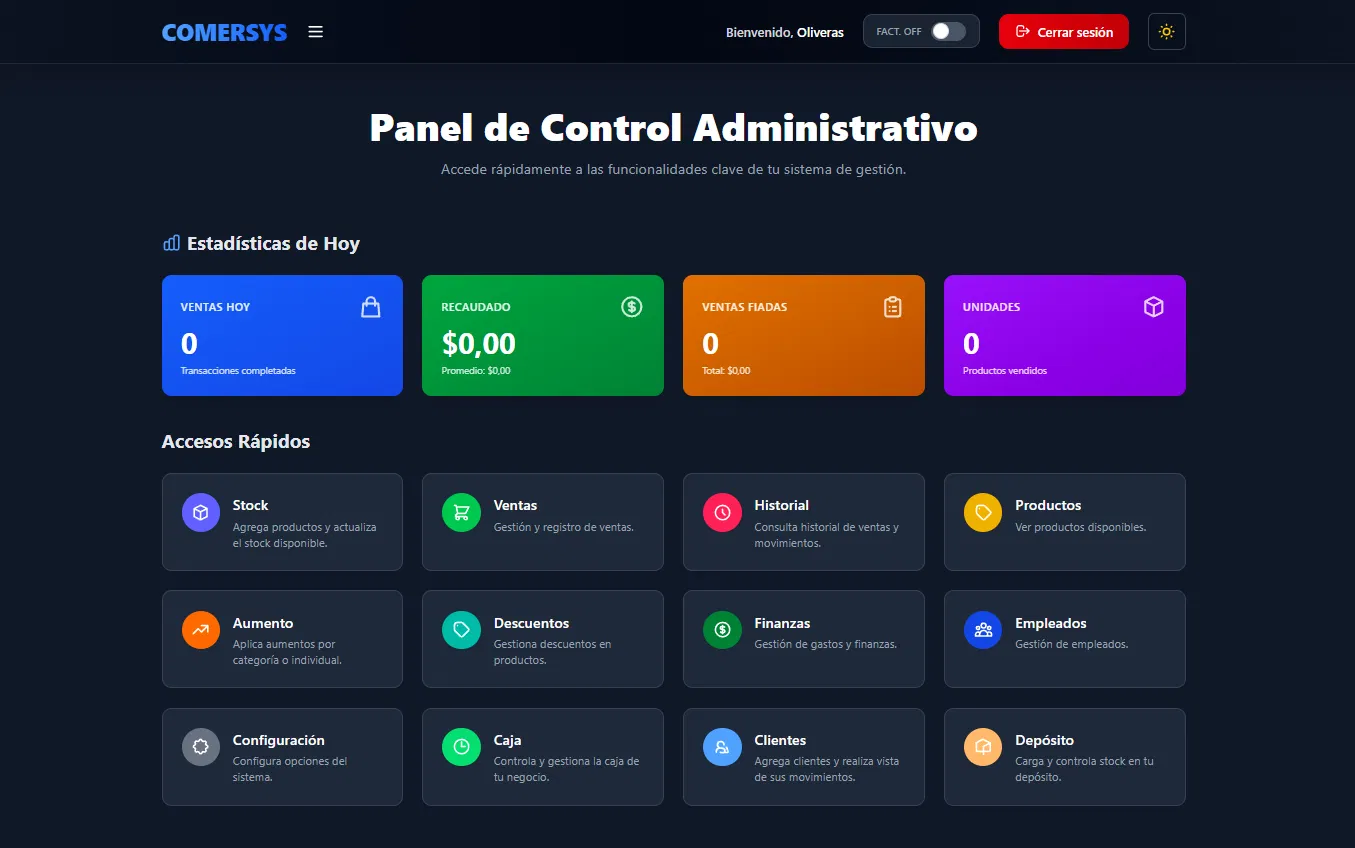 Panel de control del sistema POS COMERSYS para negocios en Argentina
