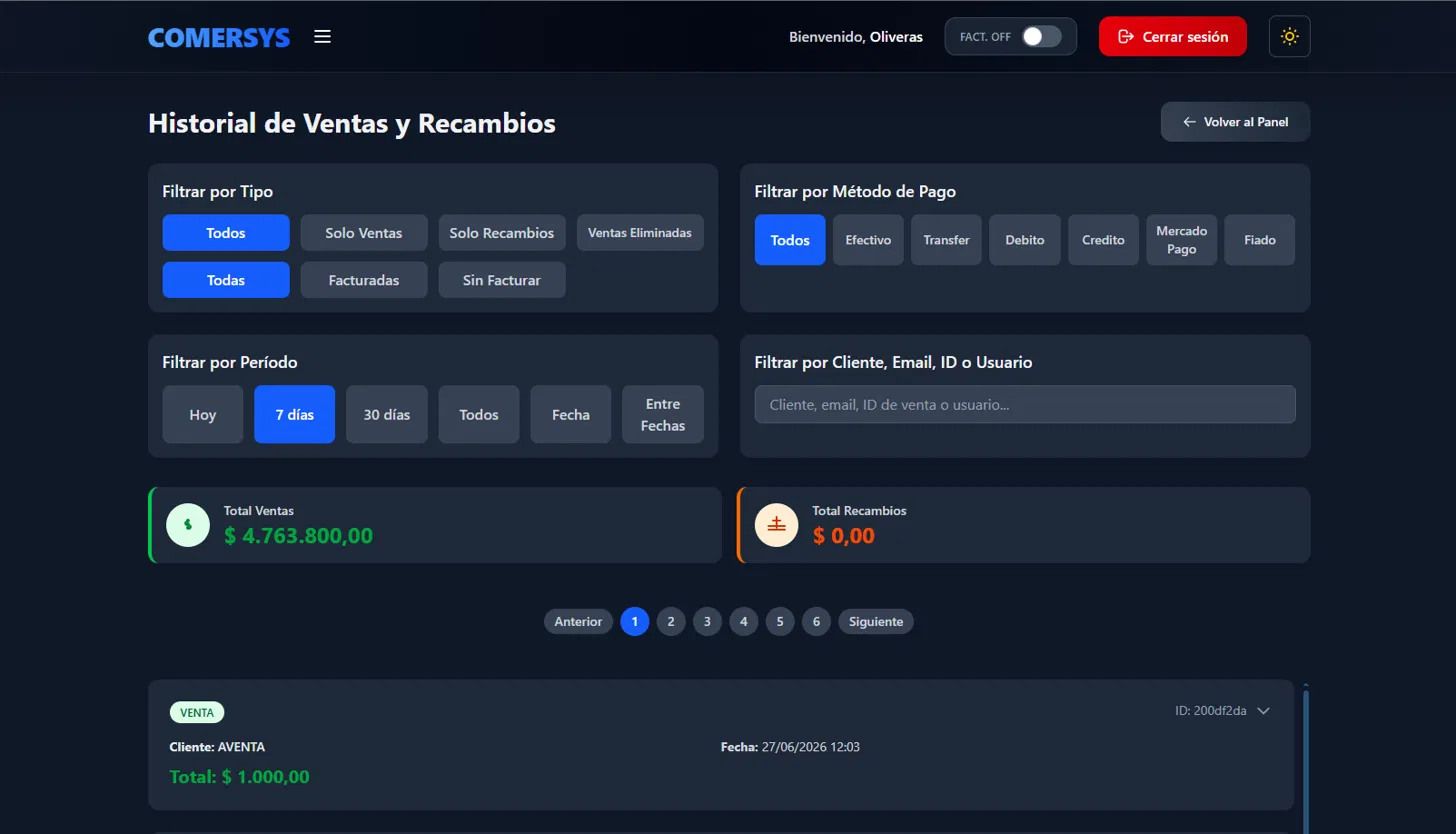 Historial de ventas y recambios del sistema POS COMERSYS