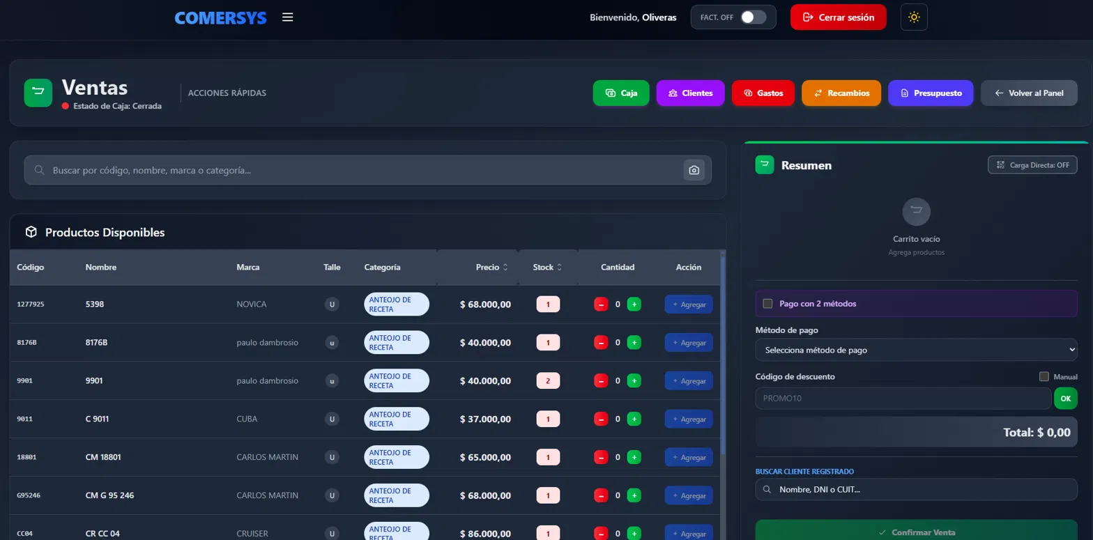Módulo de ventas del sistema POS COMERSYS - búsqueda de productos y carrito